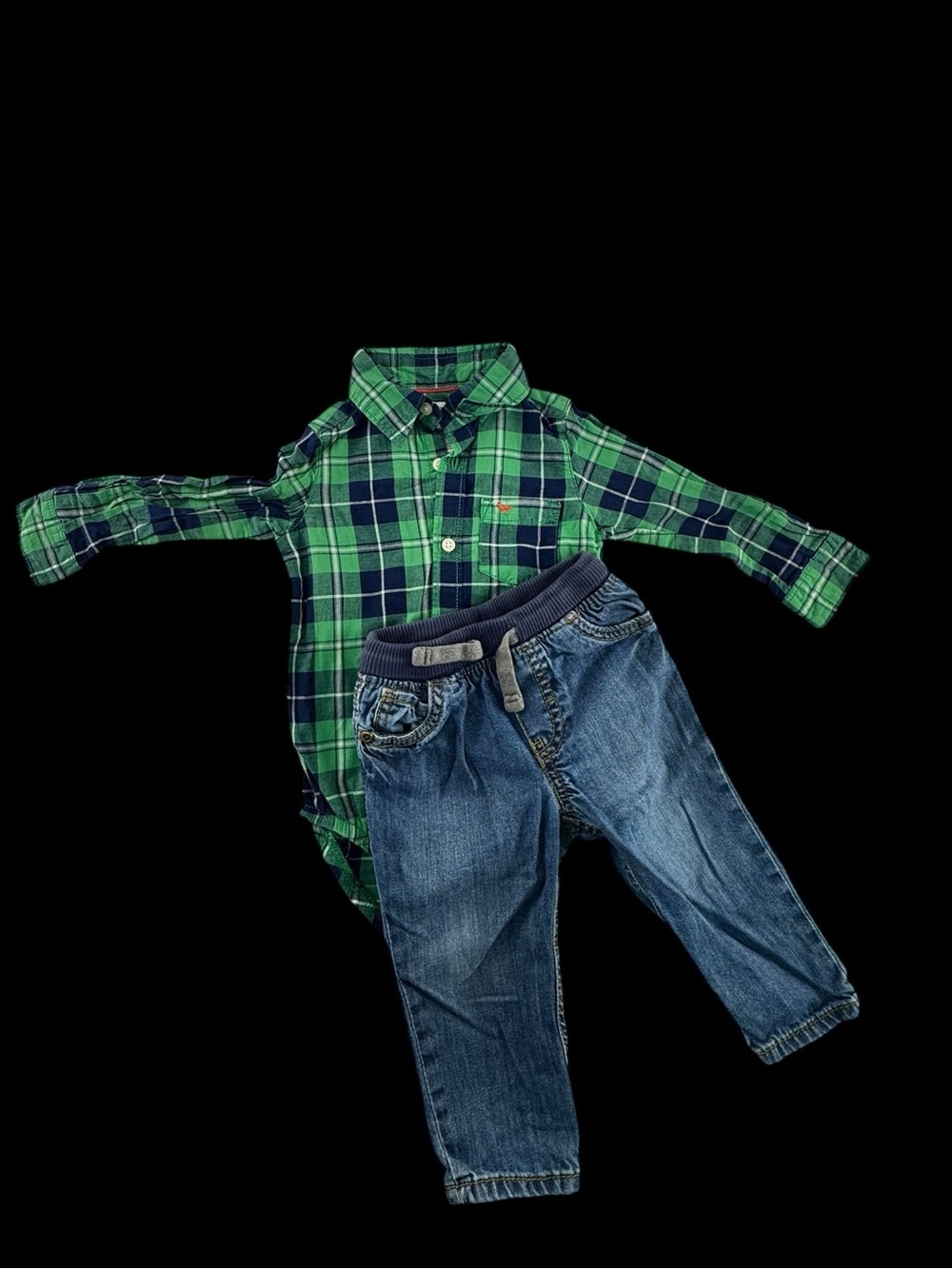 Carter's Navy and Green Plaid Matching Set with drawstring waist jeans 12m